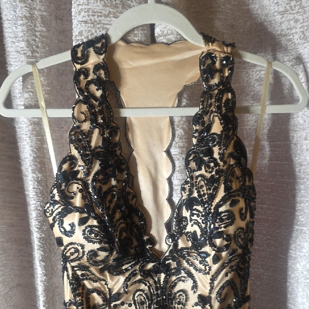 Jovani Black Beaded Embroidered V-Neck Mini Dress on Nude - Picture 7 of 7
